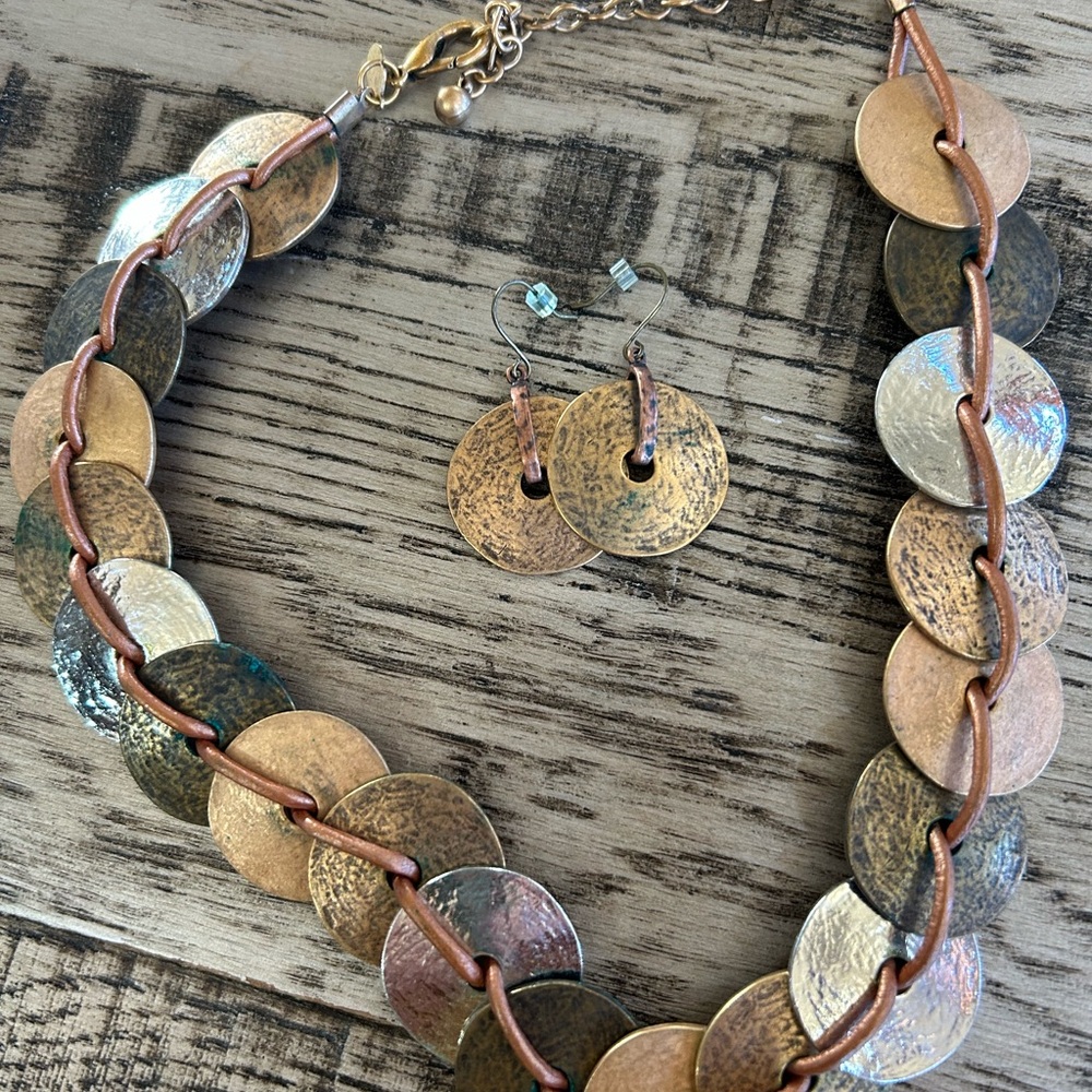 Multi-Tone faux metal coin style Necklace and pierced earrings older Chico’s 17”